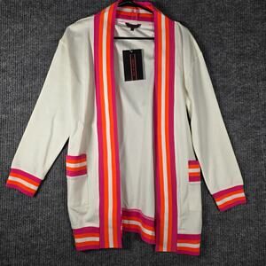 Haute Shore O/S White‎ Open Front Cardigan Neon Stripe Pocket Cover Up NWT